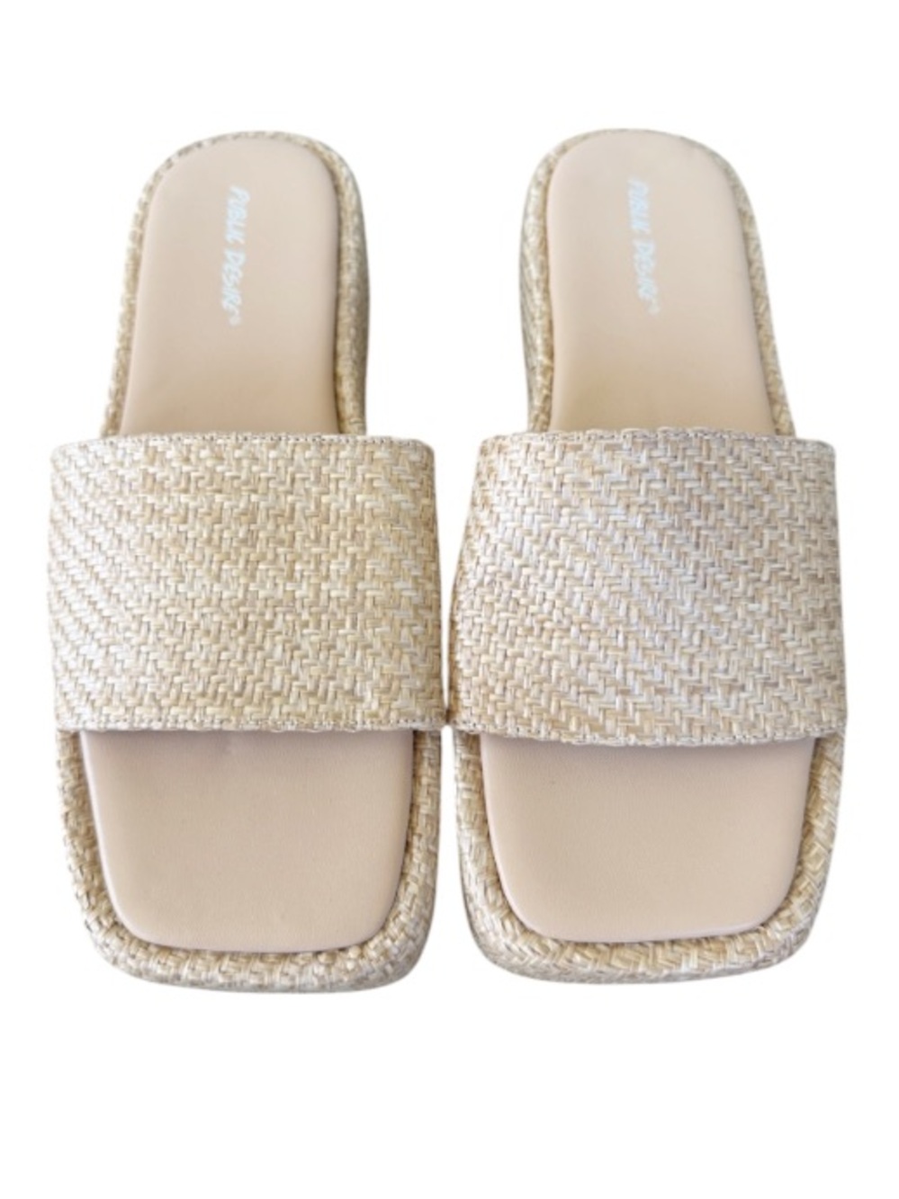 Public Desire nude woven straw slip on style platform slide sandals size 8